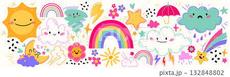Cute colorful weather icons on white background 132848802