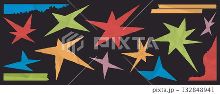Wrinkled color paper stars and strips set on black 132848941