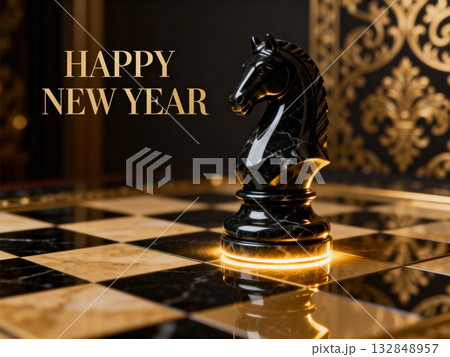 2026年を祝う黒のナイトとチェス盤 132848957