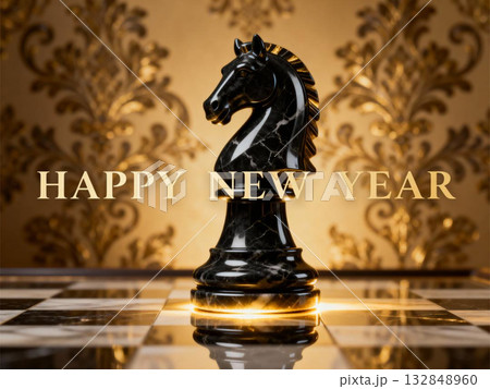 2026年を祝う黒のナイトとチェス盤 132848960