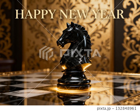 2026年を祝う黒のナイトとチェス盤 132848961