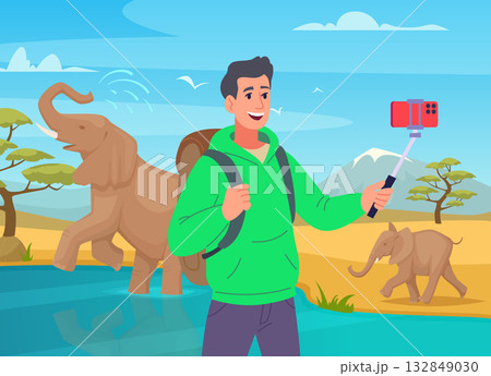 Selfie. traveller making photo with elephants 132849030