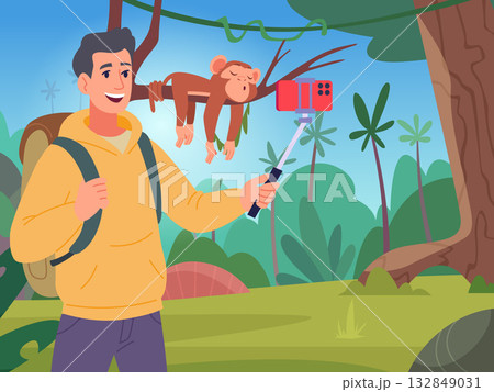Selfie. traveller in jungle outdoor making selfie photo with sleeping monkey on smartphone. 132849031