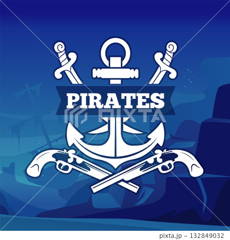 Pirate poster. underwater background and nautical badges for placard template 132849032