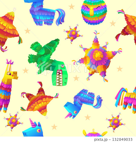 Pinata. pattern with colored mexican paper toy with candies. seamless background 132849033