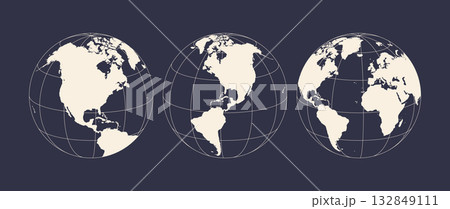 Globe, map, North South America. Earth globe with United States of America, USA. Europe, Asia, America, Oceania globe set. Map of America, USA Earth globe sign, symbol, circle. Vector Illustration 132849111