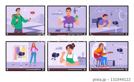 Blogger. video player frame with vlogging characters musicians, reviews, traveller and cooking 132849122