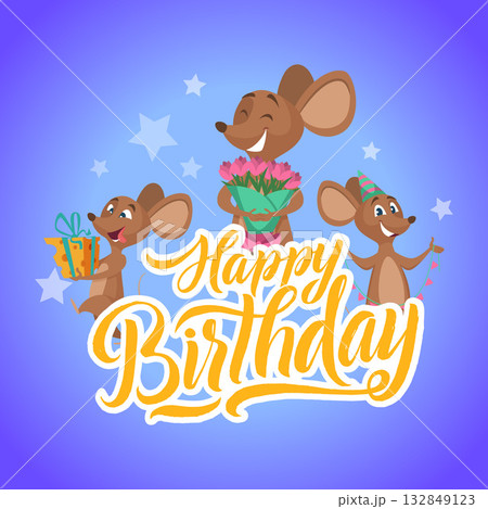 Birthday placard. invitation poster for birthday party. vector mouse in cartoon style Birthday placard. invitation poster for birthday party. vector mouse in cartoon style 132849123