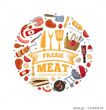 BBQ. circle shape template with flat illustration of bbq tools. butchery market concept BBQ. circle shape template with flat illustration of bbq tools. butchery market concept 132849124