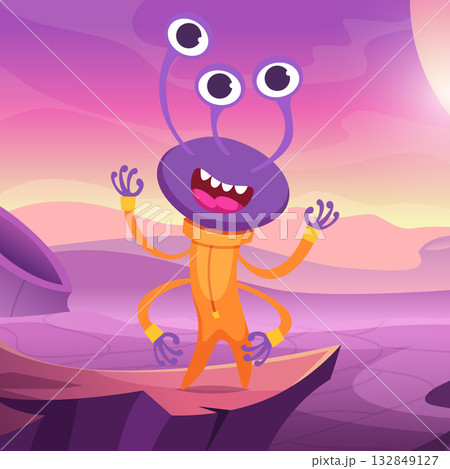 Alien. cartoon mascot cute alien standing outdoor on fantasy space landscape Alien. cartoon mascot cute alien standing outdoor on fantasy space landscape 132849127