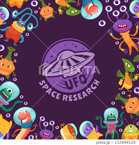 Alien background. circle form background template for design projects with ufo alien characters Alien background. circle form background template for design projects with ufo alien characters 132849128
