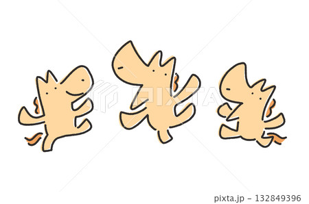 手を上げてジャンプする元気な3頭の馬　2026 正月素材・手描き 132849396