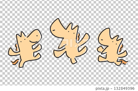 手を上げてジャンプする元気な3頭の馬　2026 正月素材・手描き 132849396