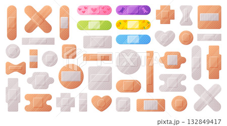 Medical Plaster or Adhesive Bandage for Injuries Vector Set Medical Plaster or Adhesive Bandage for Injuries Vector Set 132849417