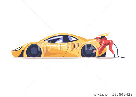 Pit Stop with Man Character Repair Motor Car Refueling Vector Illustration 132849428