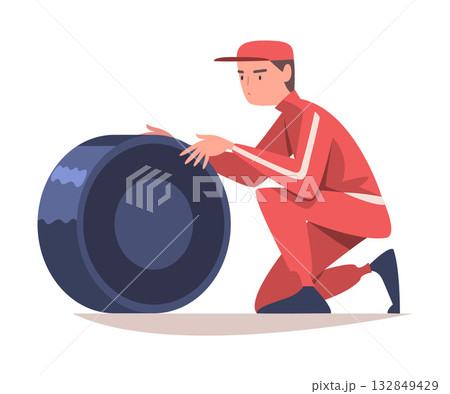 Pit Stop with Man Character Repair Motor Car Change Tires Vector Illustration Pit Stop with Man Character Repair Motor Car Change Tires Vector Illustration 132849429