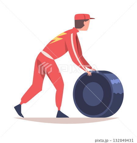 Pit Stop with Man Character Repair Motor Car Change Tires Vector Illustration 132849431