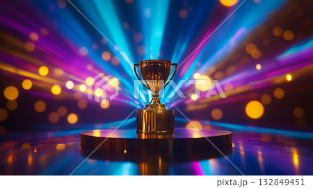 Golden Trophy Shines Among Dramatic Blue and Purple Lights 132849451