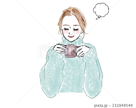 女性　吹き出し　コーヒー　ニット　笑顔 132849549