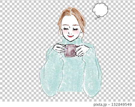 女性　吹き出し　コーヒー　ニット　笑顔 132849549