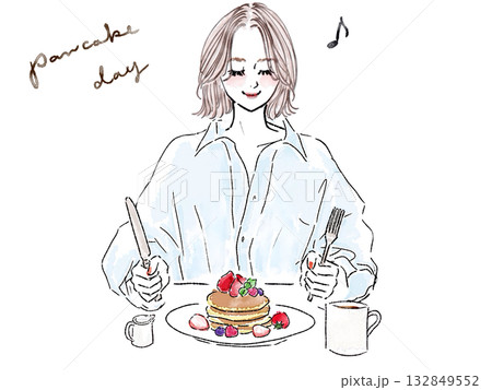フルーツのパンケーキを食べるボブの女性 132849552
