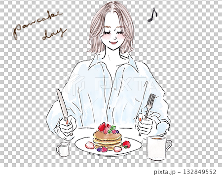 フルーツのパンケーキを食べるボブの女性 132849552