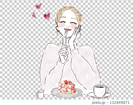 苺のケーキを満面の笑顔で食べる幸せな女性 132849871