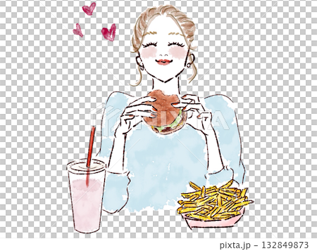 ハンバーガーとポテトを笑顔で食べる女性 132849873