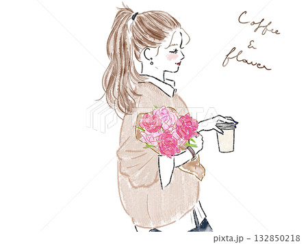 ピンクの花とおしゃれなポニテ女性の横顔 ピンクの花とおしゃれなポニテ女性の横顔 132850218