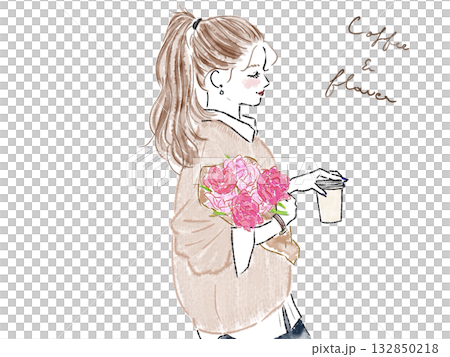 ピンクの花とおしゃれなポニテ女性の横顔 ピンクの花とおしゃれなポニテ女性の横顔 132850218