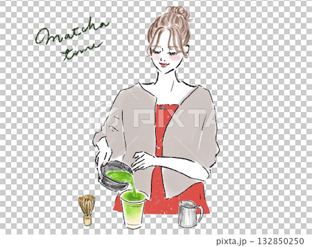 抹茶ラテを注いで作るおしゃれな女性 抹茶ラテを注いで作るおしゃれな女性 132850250