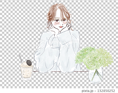 Woman resting her chin on her hands, glasses, flowers, ice cream, cookies 132850252