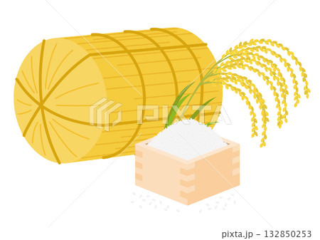 米俵と稲穂と升に入った米のイメージイラスト 132850253