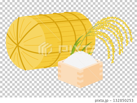 米俵と稲穂と升に入った米のイメージイラスト 132850253