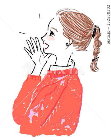 女性　おーい　叫ぶ　掛け声　みつあみ　 132850302