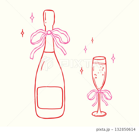 Whimsical champagne bottle and grass with bow, vector isolated illustration, doodle sketch for party wedding invitation 132850614