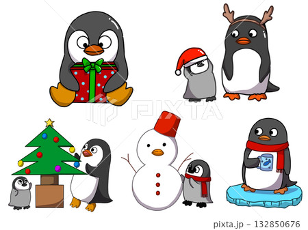 可愛い赤ちゃんペンギンと雪だるまのセット 132850676