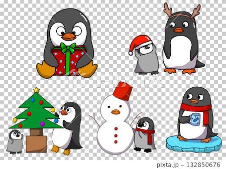 一群可愛的小企鵝和雪人 132850676