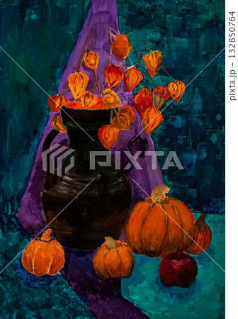 Vibrant still life with pumpkins and lantern flowers in a cozy setting 132850764