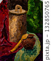 Vibrant still life featuring a pot and a container with colorful drapery 132850765