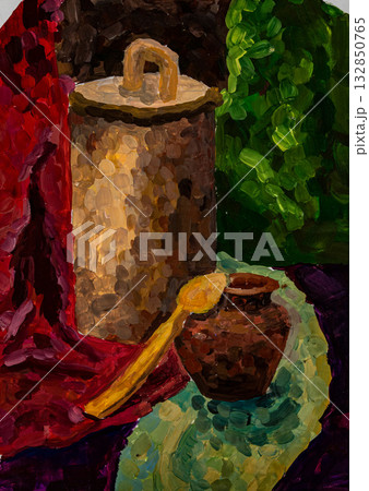Vibrant still life featuring a pot and a container with colorful drapery 132850765
