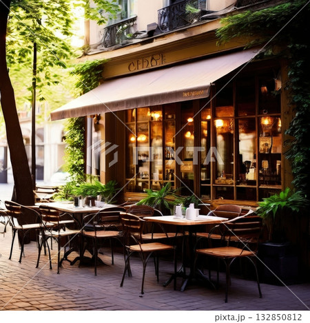 an AI Image Generator, Cozy European Street Cafe Illuminated 132850812