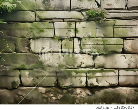 an AI Image Generator, Moss-Covered Stone Wall With Weathered Blocks 132850817