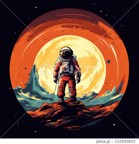 an AI Image Generator, Astronaut Exploring a Fiery Alien Planet in Space 132850835