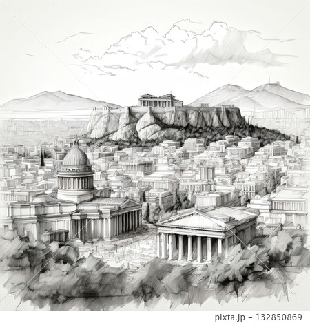the AI Image Generator, Historic Illustration of Parthenon and Ancient Athenian Cityscape 132850869
