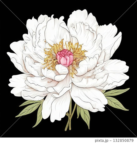an AI Image Generator, Elegant Drawing of White Peonies with Green Leaves an AI Image Generator, Elegant Drawing of White Peonies with Green Leaves 132850879