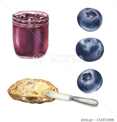 Blueberry jam, blueberries, bread and butter illustration on the white background Blueberry jam, blueberries, bread and butter illustration on the white background 132851066