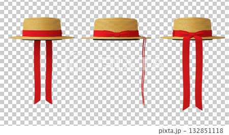 Straw boater hat with long red ribbon a classic venetian gondolier style for summer 132851118