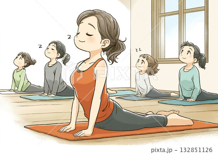 美優シリーズ：リラックスヨガ 床に座りストレッチする美優 132851126