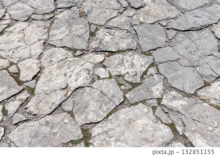 A weathered gray stone pavement of irregular slabs, small gaps filled with dirt 132851155
